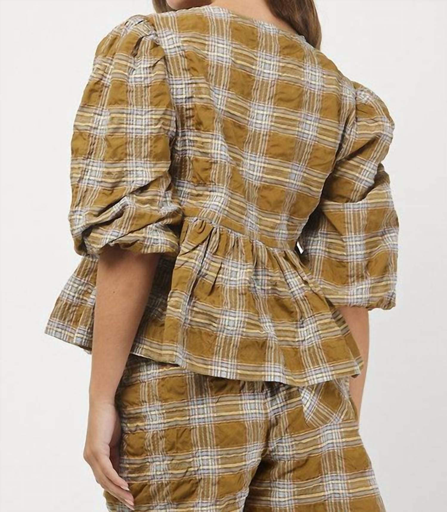 Needii - Plaid Peplum Top - blouses - clothing - green