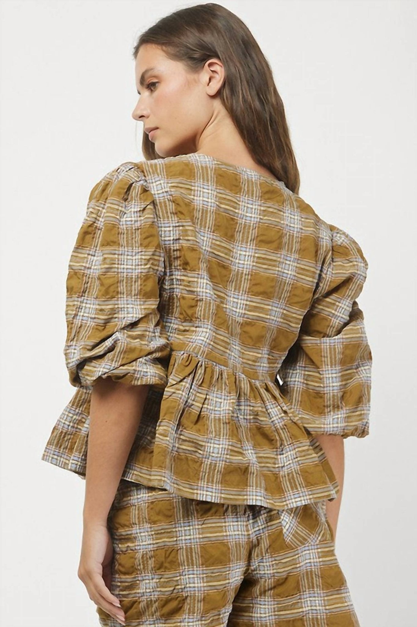 Needii - Plaid Peplum Top - blouses - clothing - green