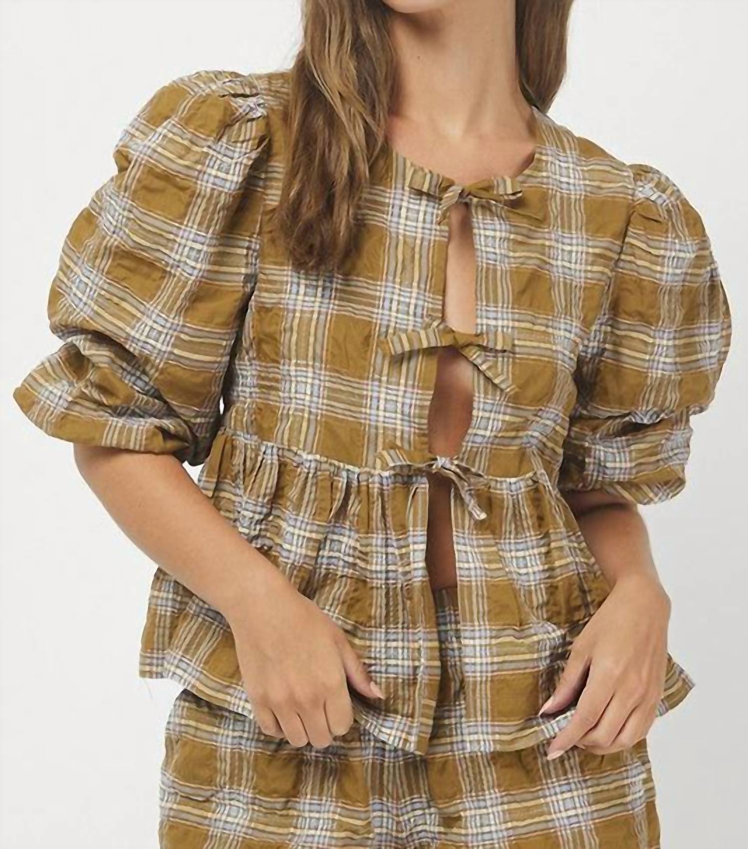 Needii - Plaid Peplum Top - blouses - clothing - green