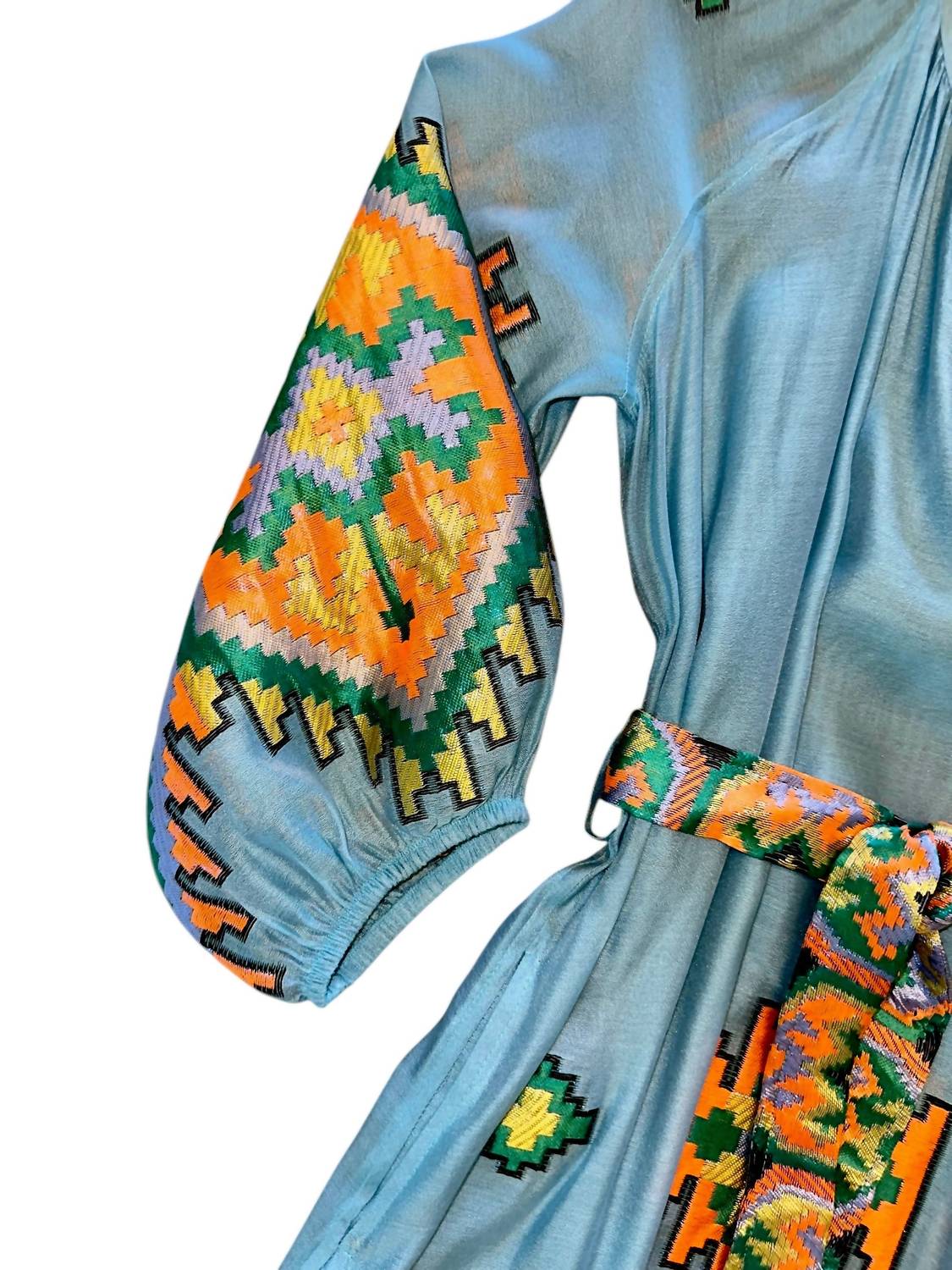 Nema - Long Sleeve Dress With Colorful Embroidery - blue - clothing - dresses