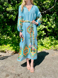 Nema - Long Sleeve Dress With Colorful Embroidery - blue - clothing - dresses