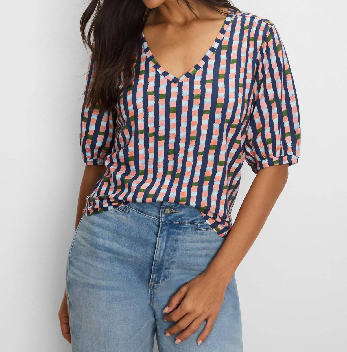 Nic + Zoe - Elbow Sleeve Reef Stripe V-neck Tee