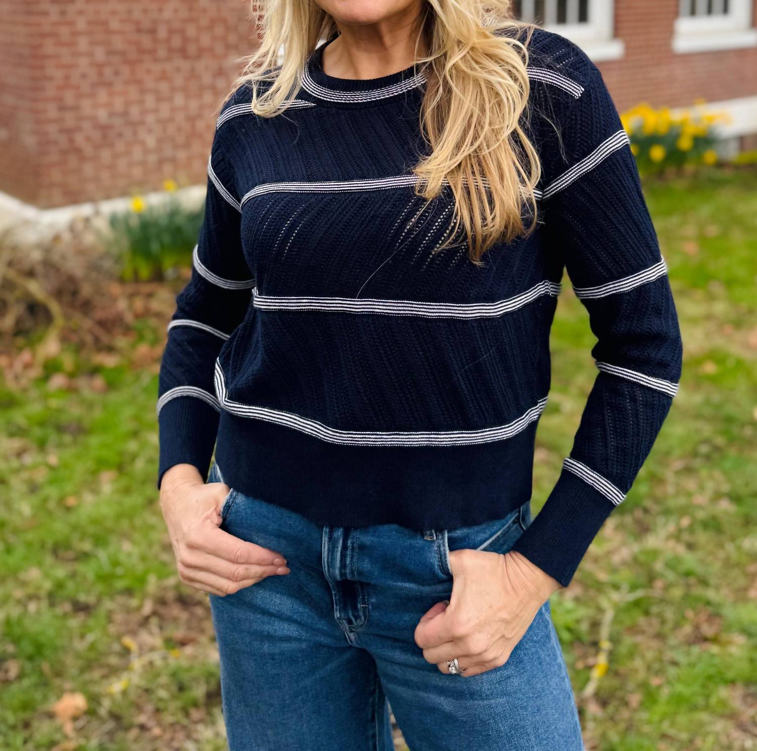Nic + Zoe - Pointelle Stripe Sweater - blue - clothing - cotton - blend
