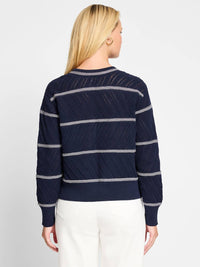 Nic + Zoe - Pointelle Stripe Sweater - blue - clothing - cotton - blend