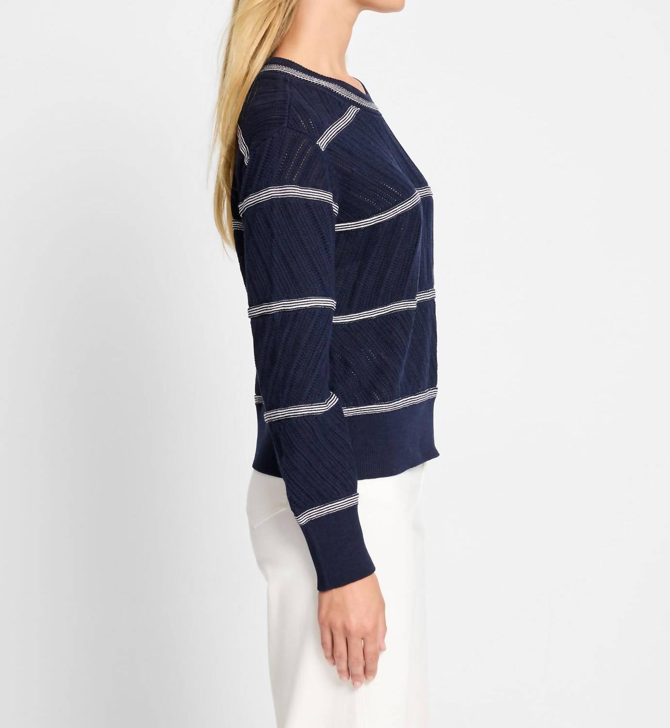 Nic + Zoe - Pointelle Stripe Sweater - blue - clothing - cotton - blend
