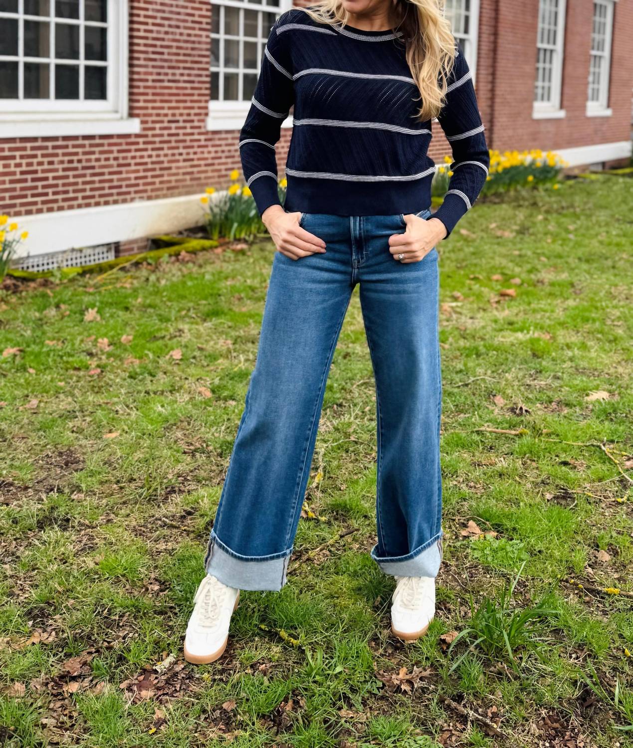 Nic + Zoe - Pointelle Stripe Sweater - blue - clothing - cotton - blend