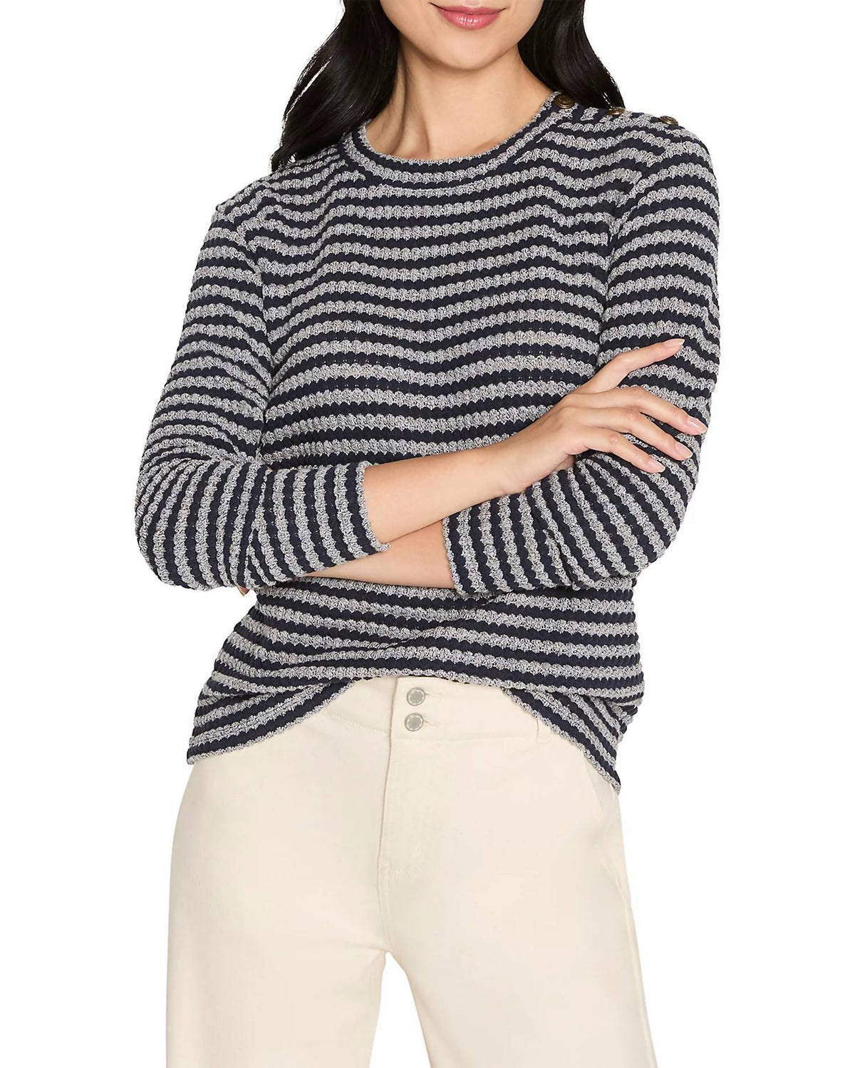 Nic + Zoe - Texture Stripe Button Shoulder Top