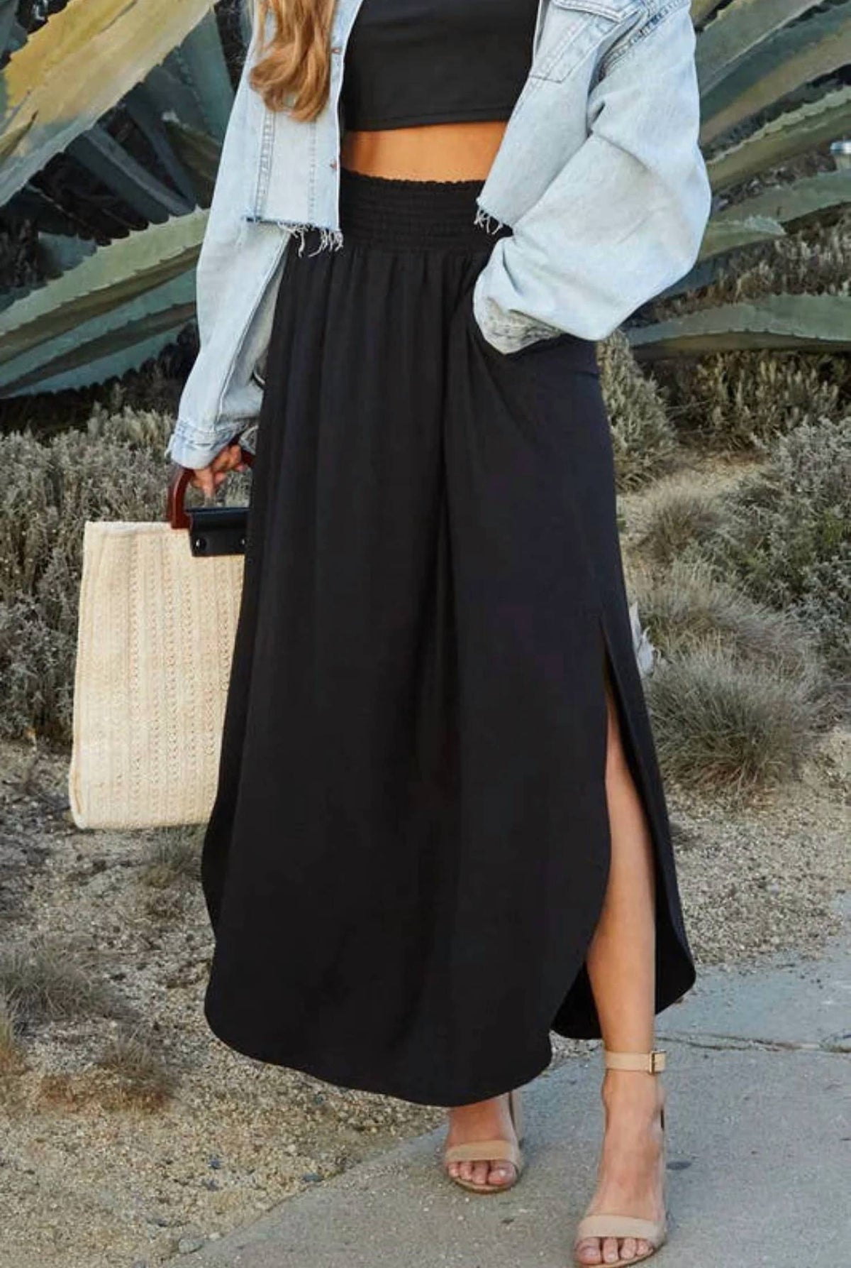 Ninexis - Smocking Waist Maxi Skirt
