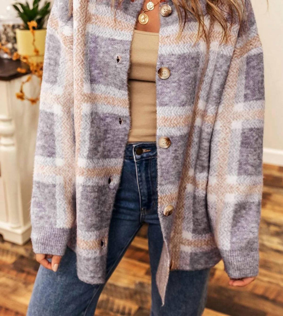 Nobrand - Fuzzy Plaid Collared Button Up Cardigan