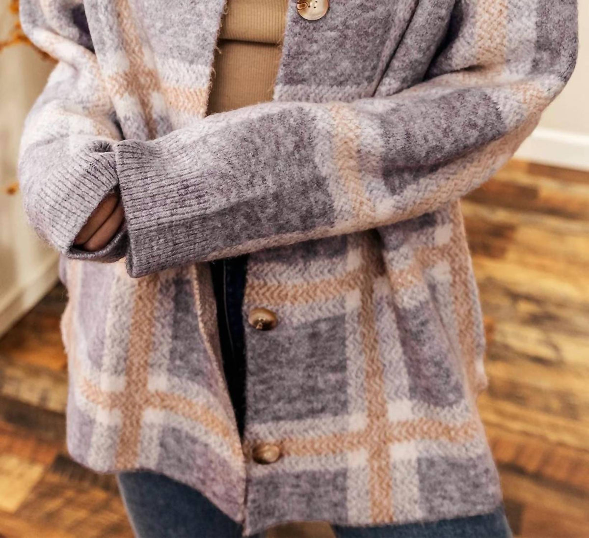 Nobrand - Fuzzy Plaid Collared Button Up Cardigan