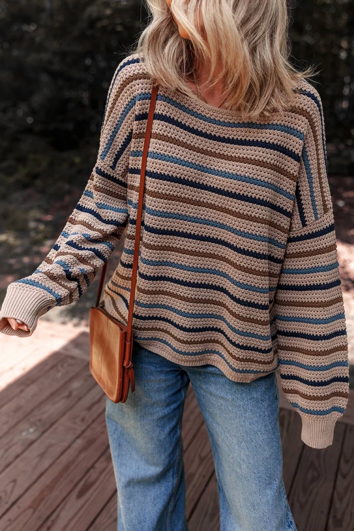 Nobrand - Striped Knitted Drop Shoulder Crew Neck Sweater