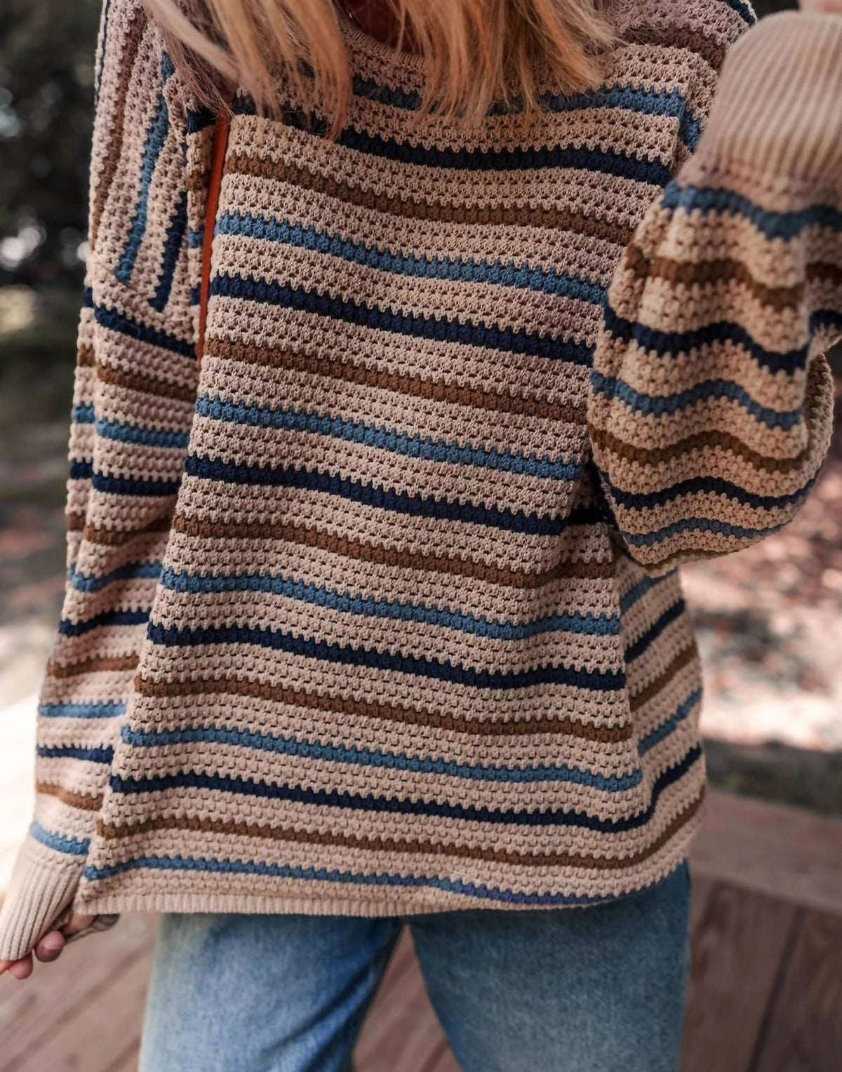 Nobrand - Striped Knitted Drop Shoulder Crew Neck Sweater