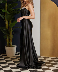 Nox Anabel - Fitted Satin Beaded Sleeveless Gown - black - clothing - dresses