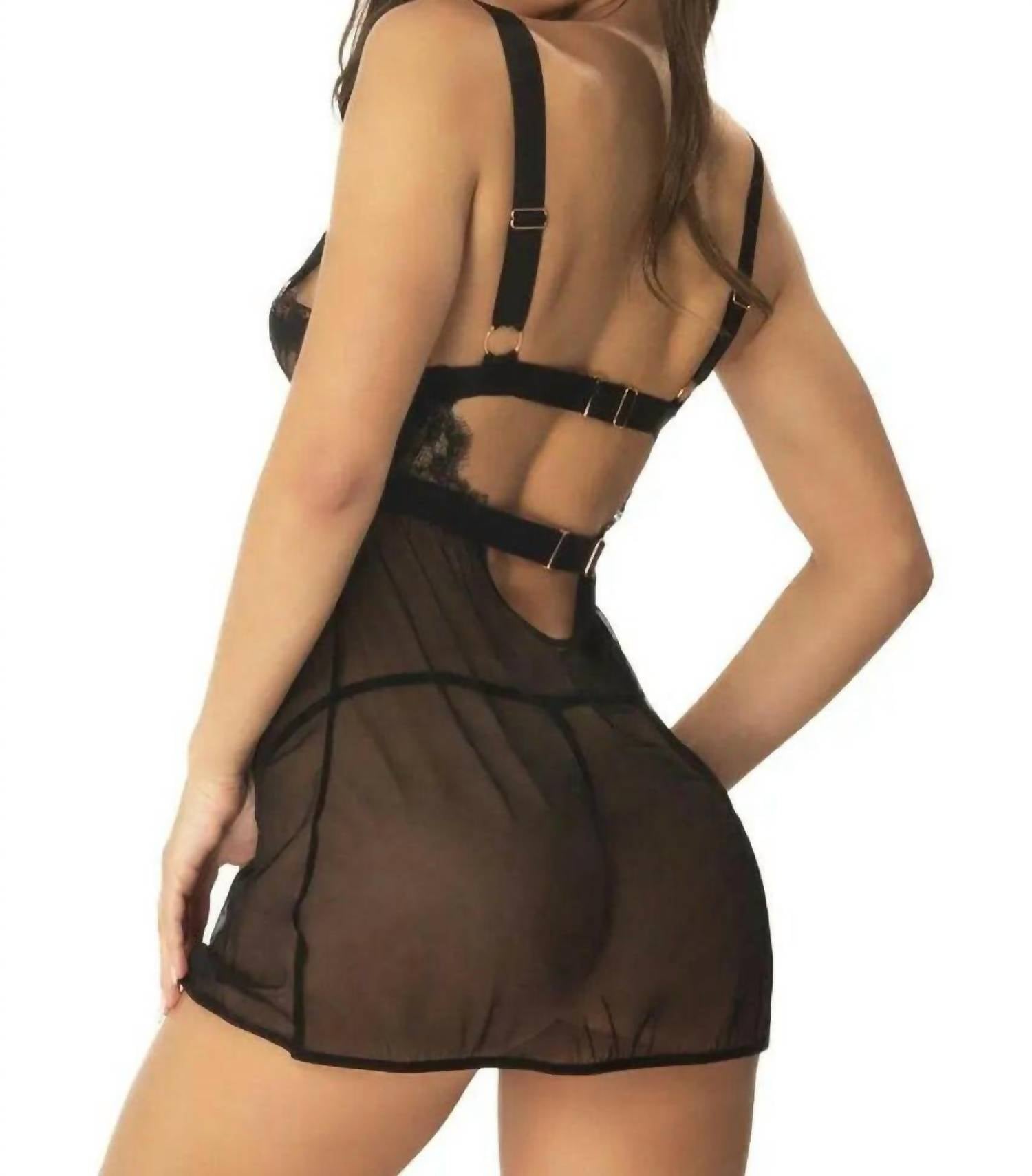 Oh La La Cheri - Janet Eyelash Lace and Mesh Babydoll Set - black - chemises - clothing