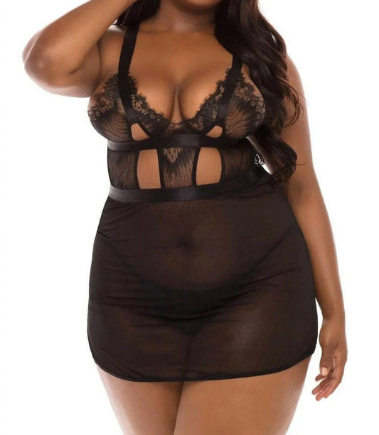 Oh La La Cheri - Janet Eyelash Lace And Mesh Babydoll Set - Plus - black - chemises - clothing