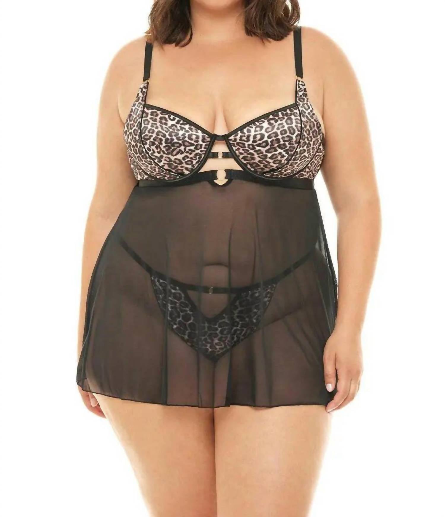 Oh La La Cheri - Journee Leopard Print Babydoll - Plus Size - black - chemises - clothing