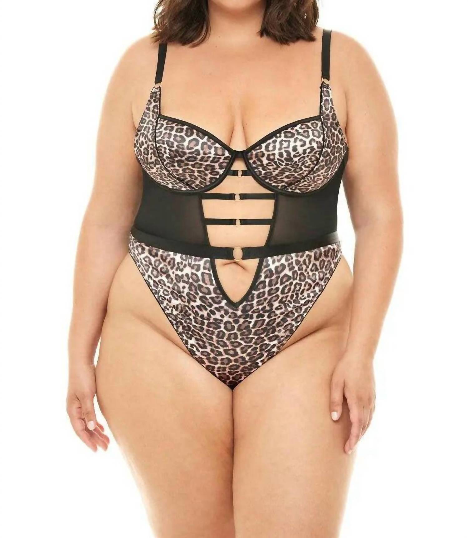 Oh La La Cheri - Journee Leopard Print Teddy - Plus Size - black - bodysuits - clothing