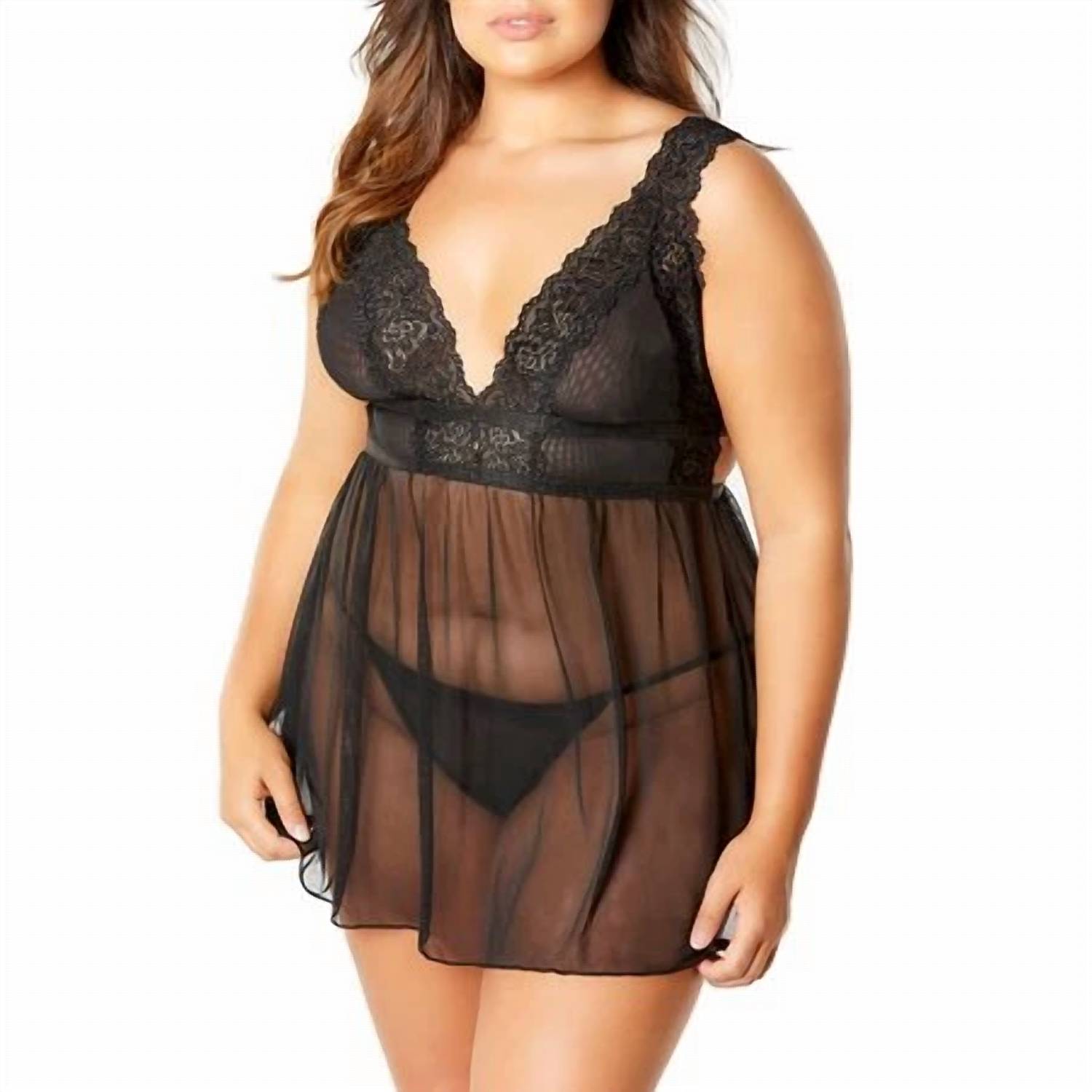 Oh La La Cheri - Nora Floral Lace And Mesh Babydoll - Plus - black - bras - clothing