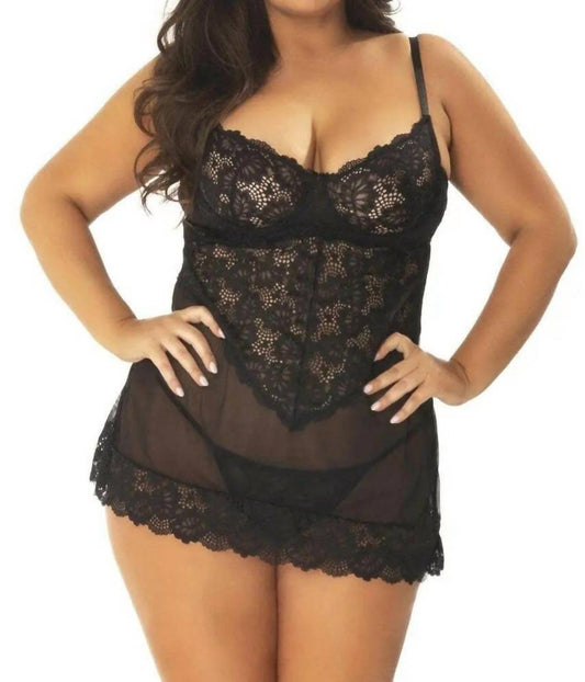 Oh La La Cheri - Page Underwire All Lace Babydoll - Plus - black - bras - clothing