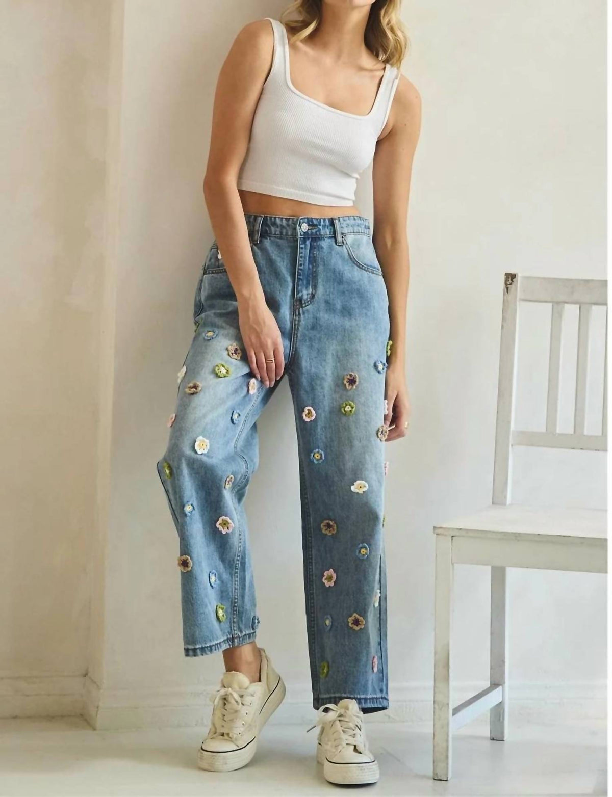 Oli & Hali - Floral 3d Crochet Denim Pants
