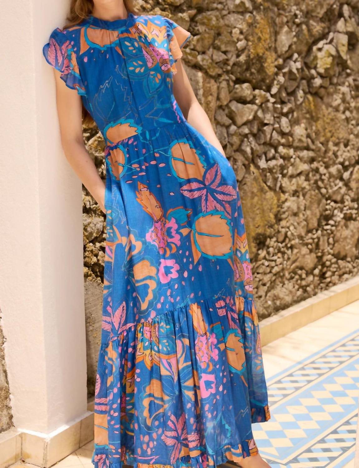 Oliphant - Mock Neck Flutter Sleeve Maxi Dress