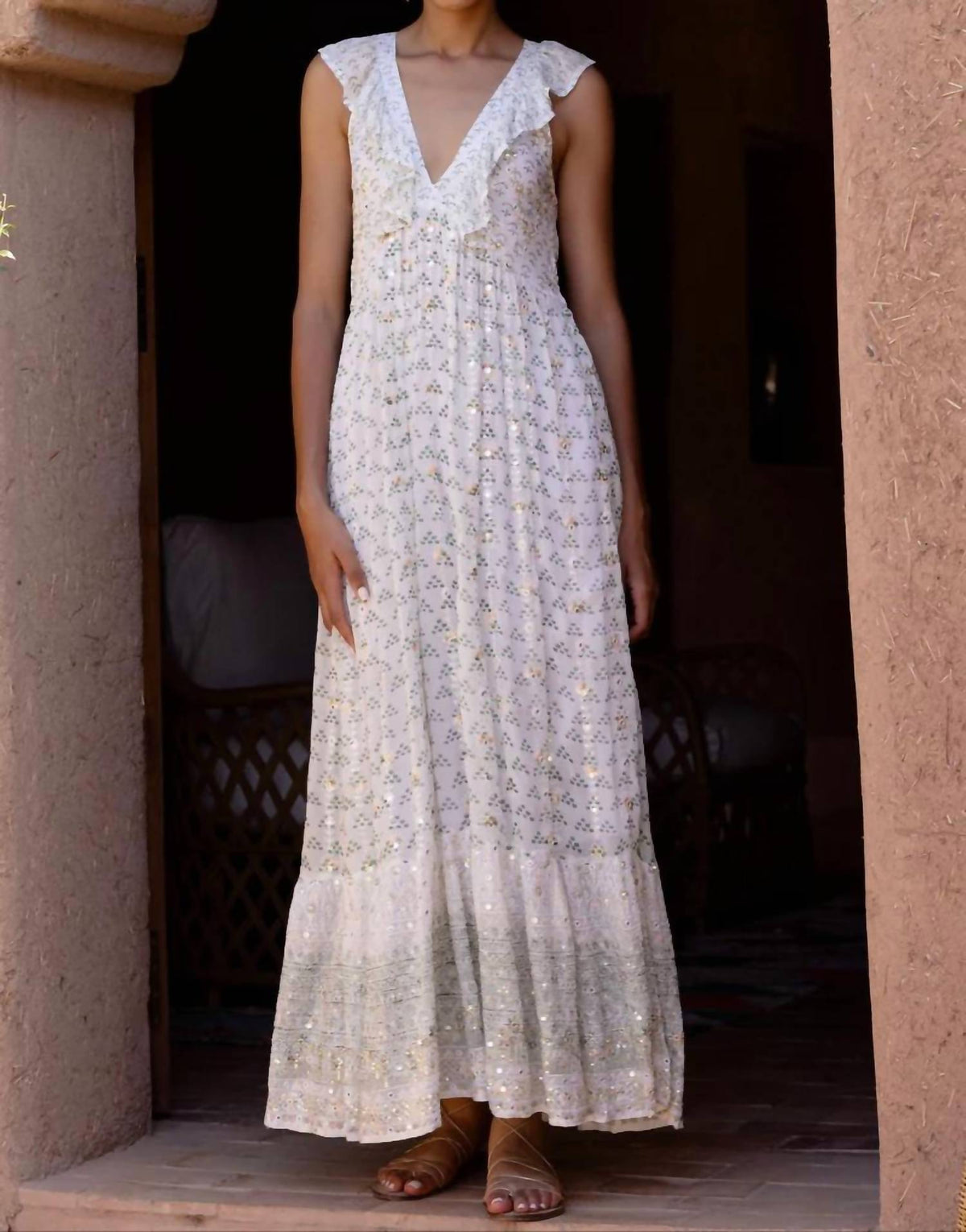 Oliphant - Ruffle V-Neck Maxi- Juniper Olive