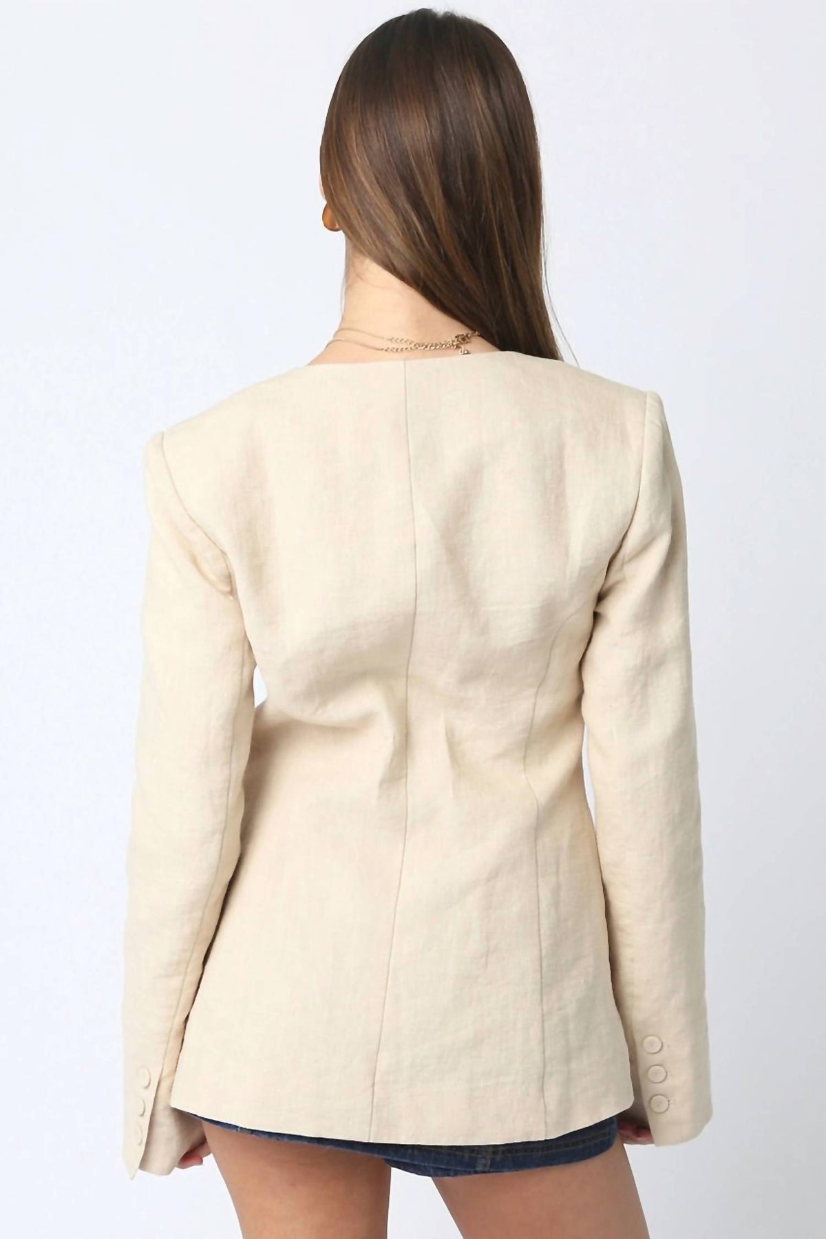 Olivaceous - Linen Scoop Neck Blazer