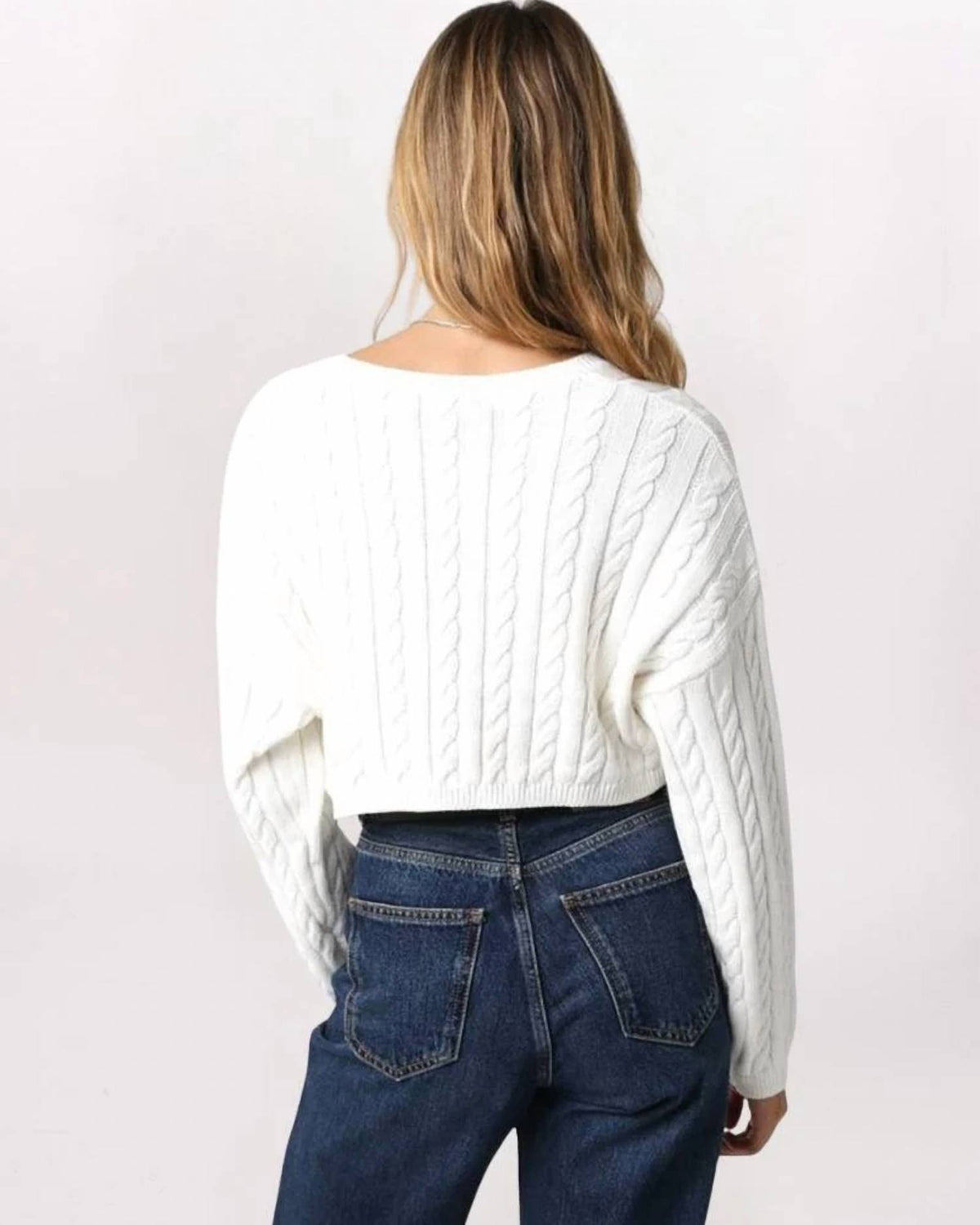Olivaceous - V Neck Cable Crop Sweater