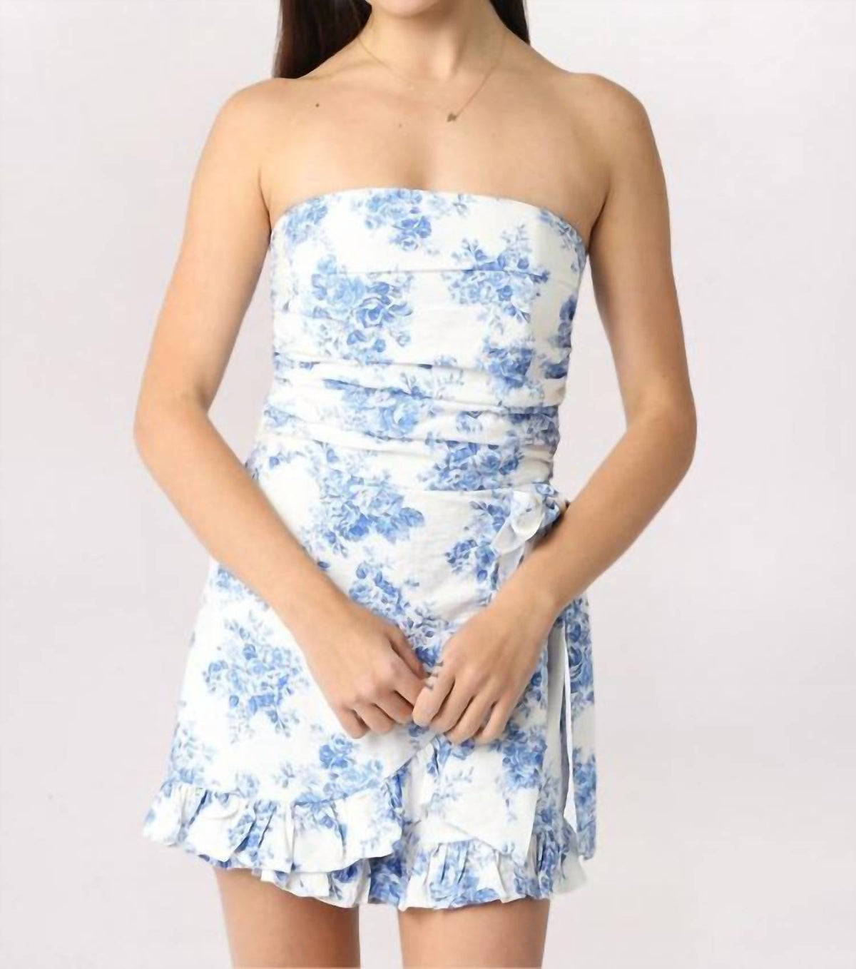 Olivaceous - Women's Strapless Floral Ruffle Romper