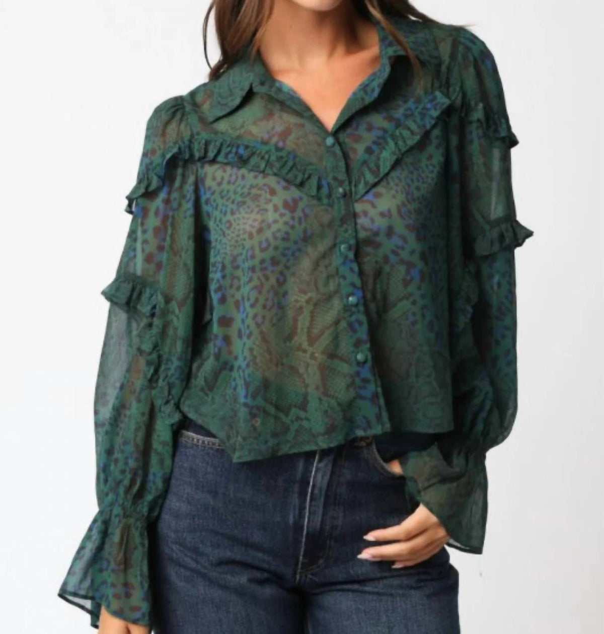 Olivaceous - Zaria Ruffle Sheer Blouse
