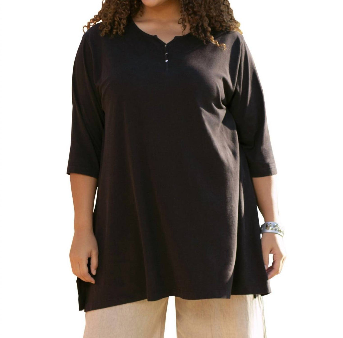 On The Plus Side - Plus Size Jersey Henley 3/4 Sleeve Tunic Top