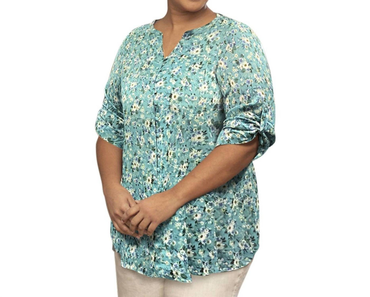 On The Plus Side - Printed 3/4 Sleeve Mandarin Roll Button Blouse - Plus