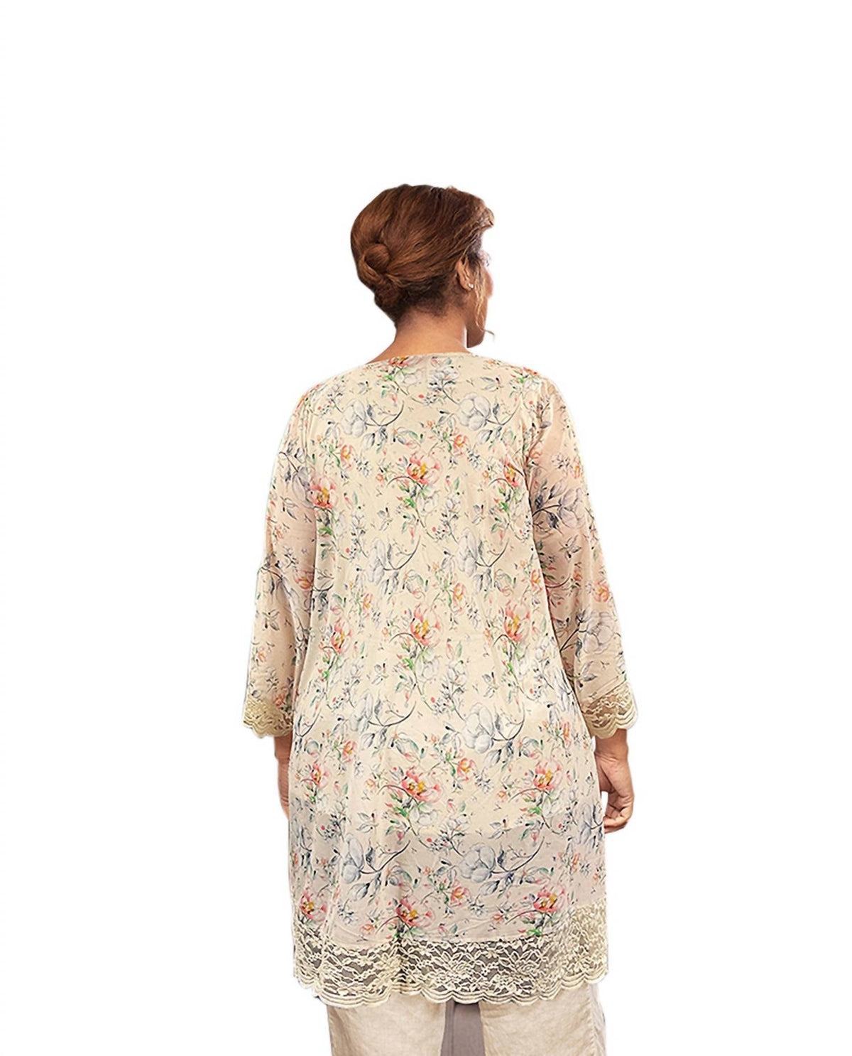 On The Plus Side - Printed Long Sleeve Lace Chiffon Duster - Plus