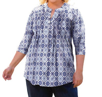 On The Plus Side - Printed Pleated 3/4 Sleeve Mandarin Collar Tunic Top