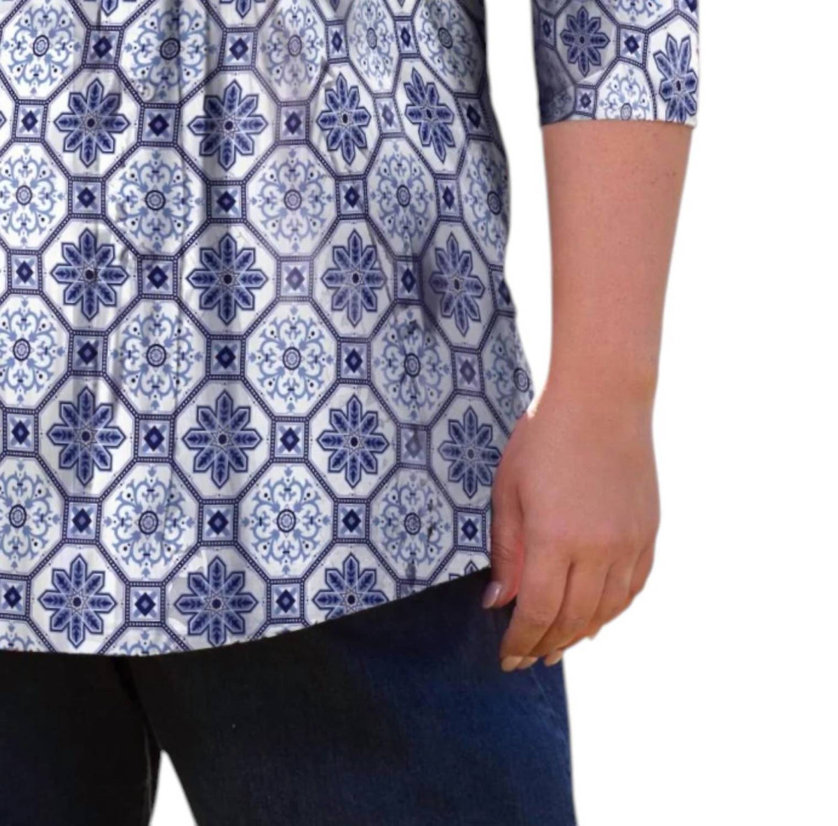 On The Plus Side - Printed Pleated 3/4 Sleeve Mandarin Collar Tunic Top