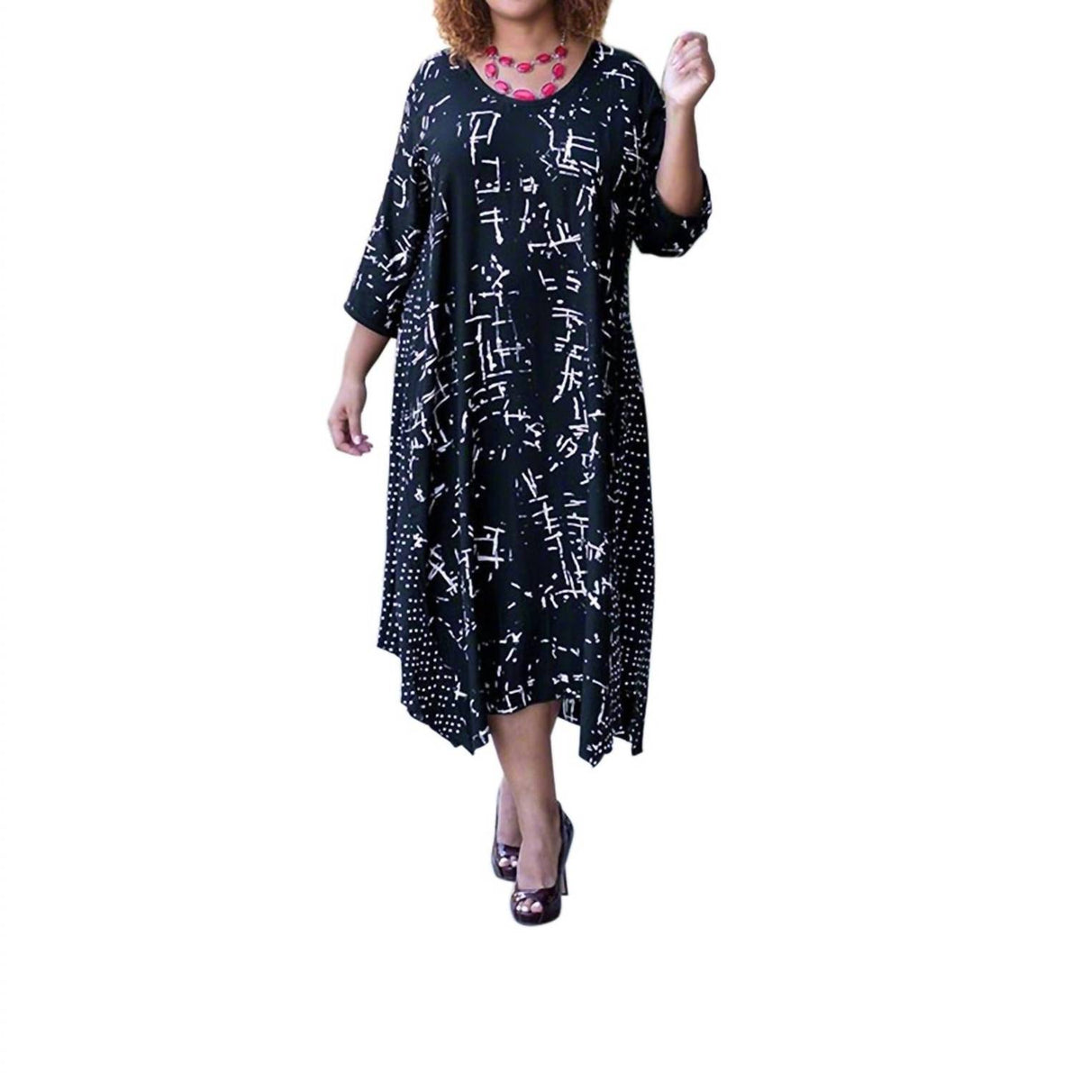 On The Plus Side - Printed Rayon 3/4 Sleeve Edyth Dress - Plus Size