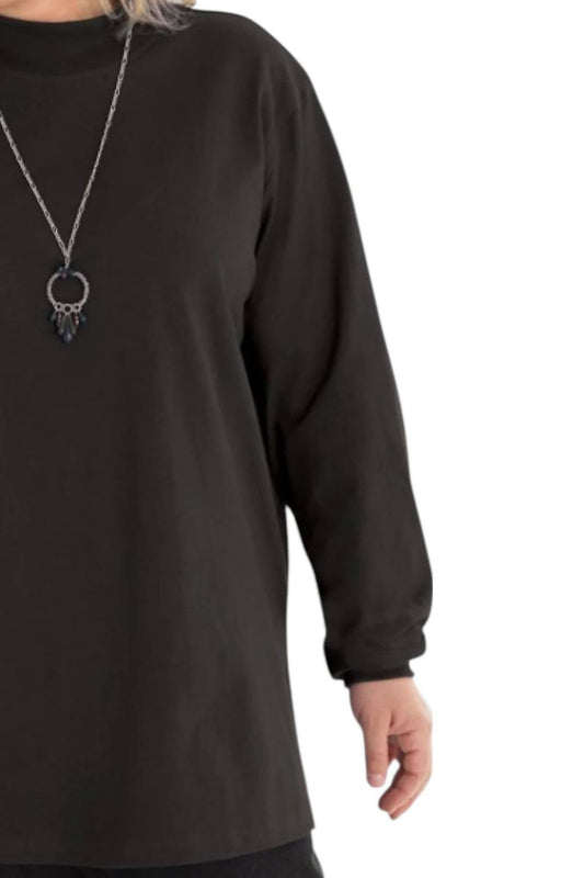 On The Plus Side - Cotton Jersey Mock Turtleneck Long Sleeve Top - Plus Size - black - clothing - cotton - blend