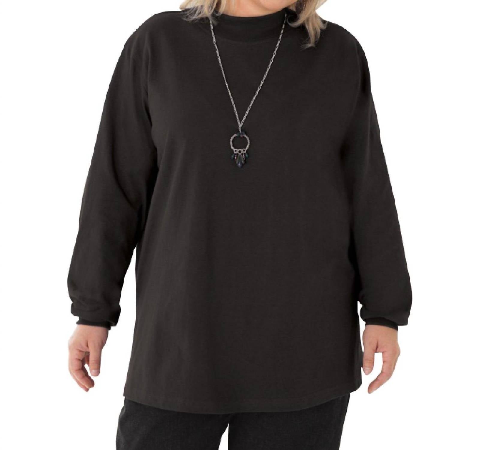On The Plus Side - Cotton Jersey Mock Turtleneck Long Sleeve Top - Plus Size - black - clothing - cotton - blend