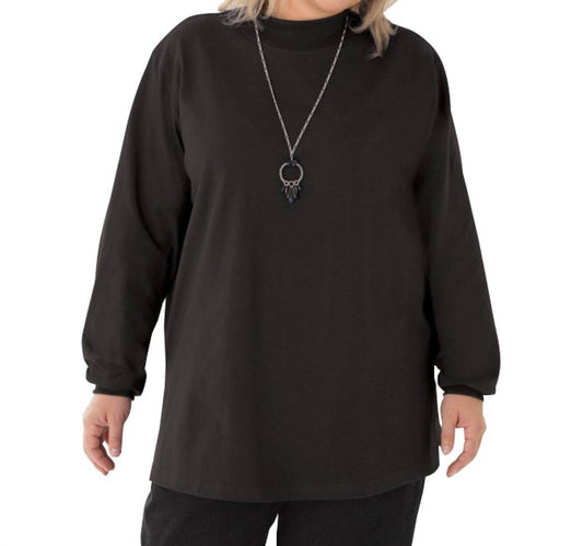 On The Plus Side - Cotton Jersey Mock Turtleneck Long Sleeve Top - Plus Size - black - clothing - cotton - blend