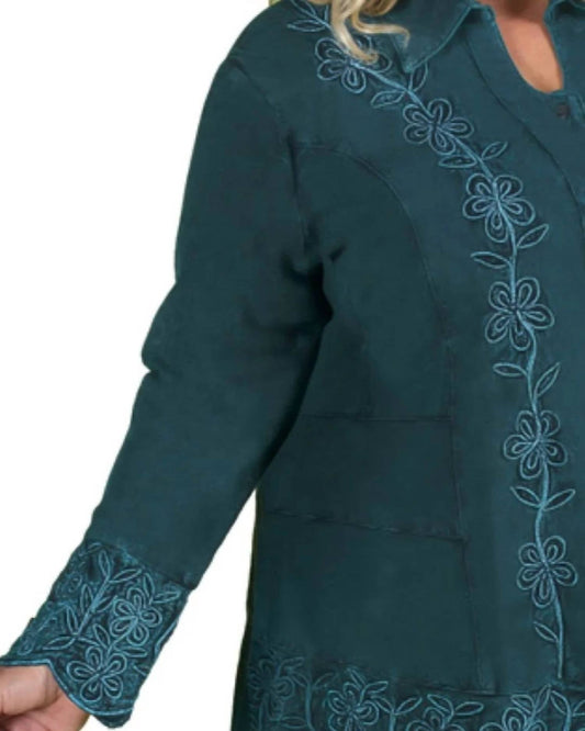 On The Plus Side - Dartmouth Long Sleeve Embroidered Tunic - Plus - clothing - cotton - green