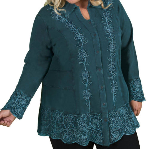 On The Plus Side - Dartmouth Long Sleeve Embroidered Tunic - Plus - clothing - cotton - green