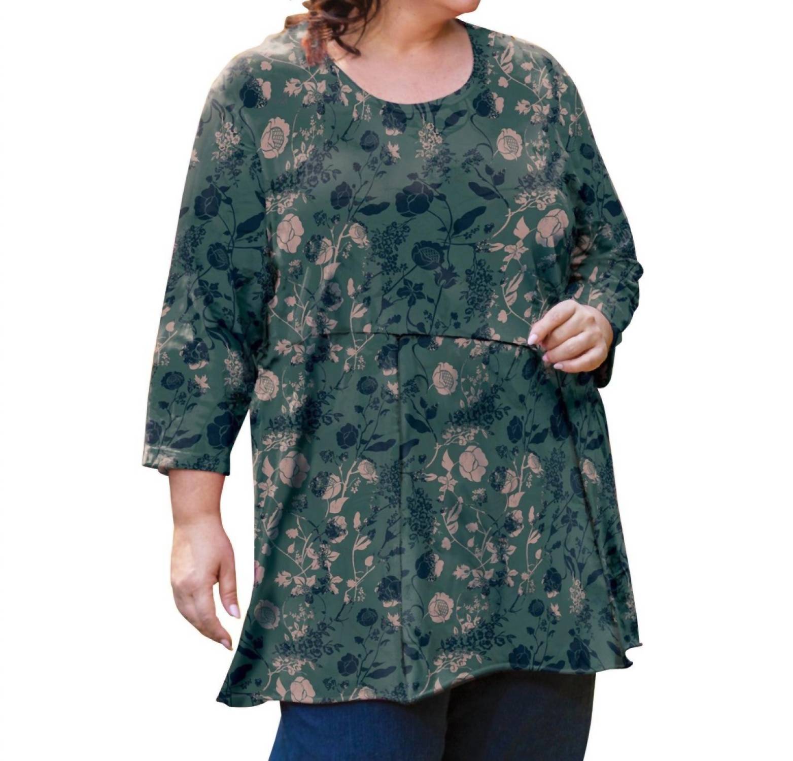 On The Plus Side - Flower Heartwood 3/4 Sleeve Tunic - Plus - clothing - cotton - blend - floral