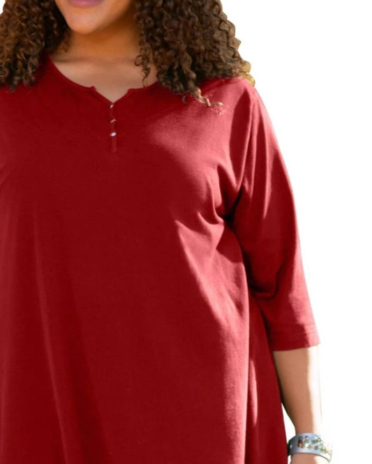 On The Plus Side - Jersey Henley 3/4 Sleeve Tunic - Plus - clothing - cotton - blend - red