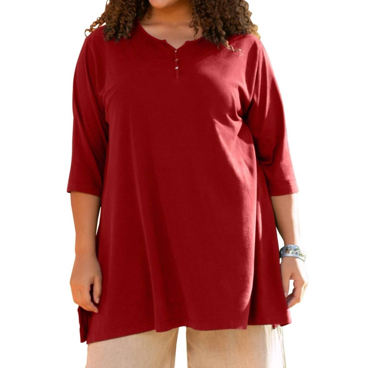 On The Plus Side - Jersey Henley 3/4 Sleeve Tunic - Plus - clothing - cotton - blend - red