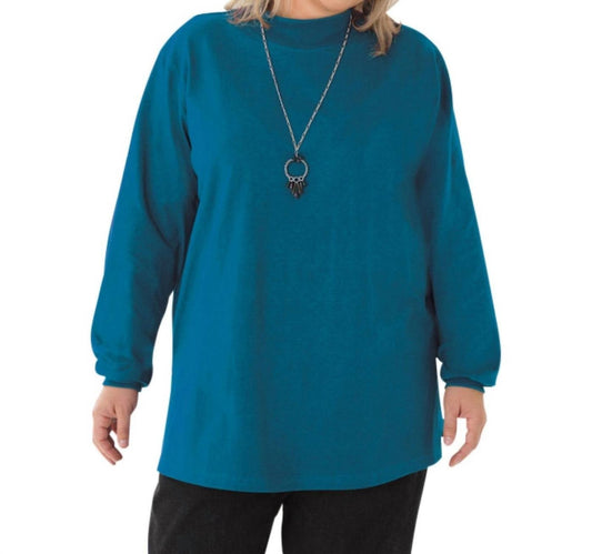 On The Plus Side - Jersey Mock Turtleneck Long Sleeve Top - Plus - blue - clothing - cotton - blend