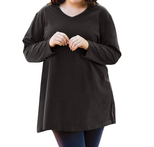 On The Plus Side - Jersey V - neck Long Sleeve Tunic - Plus - black - clothing - cotton - blend