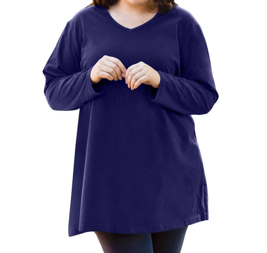 On The Plus Side - Jersey V - neck Long Sleeve Tunic - Plus - blue - clothing - cotton - blend