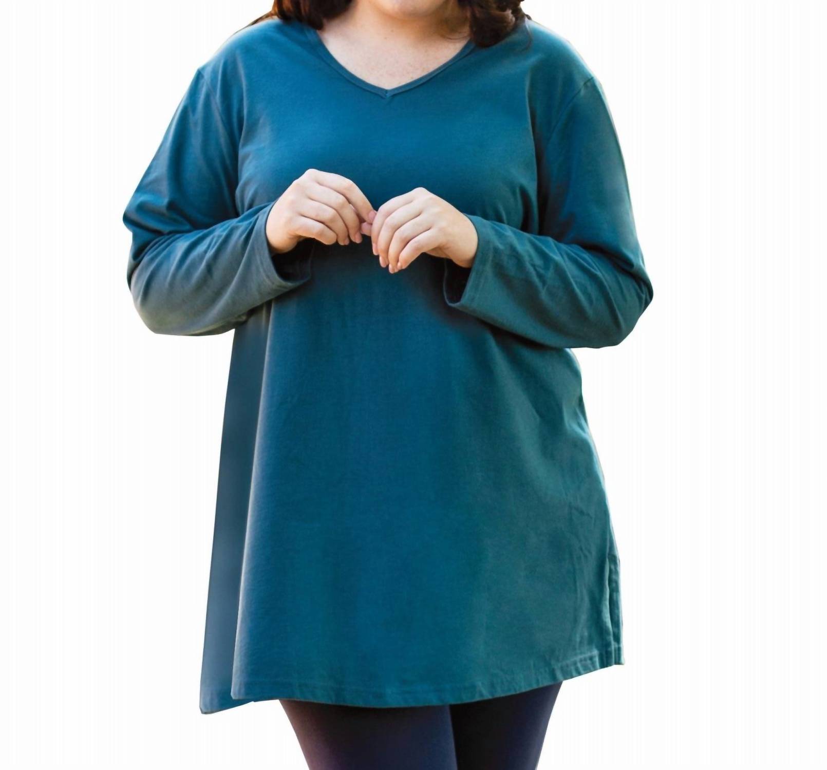 On The Plus Side - Jersey V - neck Long Sleeve Tunic - Plus - blue - clothing - cotton - blend