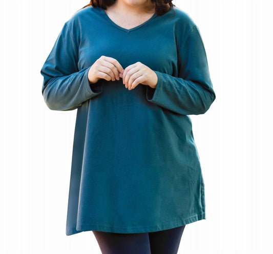 On The Plus Side - Jersey V - neck Long Sleeve Tunic - Plus - blue - clothing - cotton - blend