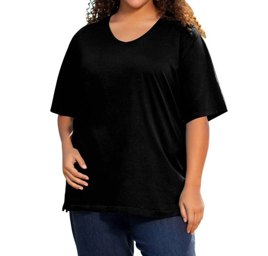 On The Plus Side - Jersey V - neck Short Sleeve Tee - Plus - black - clothing - cotton - blend
